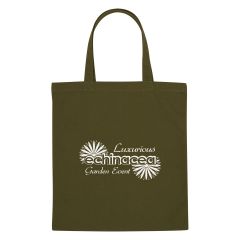 olive tote bag with carrying handles and an imprint saying luxurious echinacea garden event