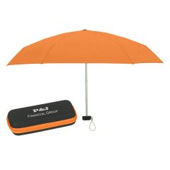 orange umbrella with a wrist strap and a case with an imprint saying P&J Financial Group