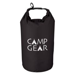 black waterproof dry bag with clip and buckle for closing and an imprint saying camp gear