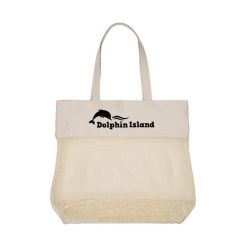 personalized cotton tote bag with cotton mesh, carrying handles, and an imprint saying dolphin island