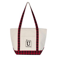 personalized cotton tote bag with checkered design, front pocket, and an imprint saying uniprise publishing