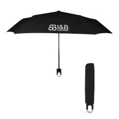 black umbrella with a carabiner and an imprint saying I&B investment