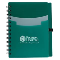 green spiral notebook with 3 pockets on front cover and an imprint saying florida hospital the skill to heal. the spirit to care.