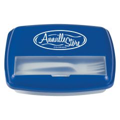 personalized blue food container with compartment for utensils and an imprint saying annville store colorado