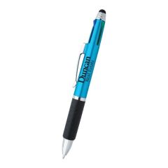 teal pen with 4 different ink colors, a black grip, a stylus on top, and an imprint saying Duncan Real Estate