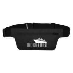 black heathered fanny pack with adjustable strap, zippered main compartment, and an imprint saying blue ocean cruise