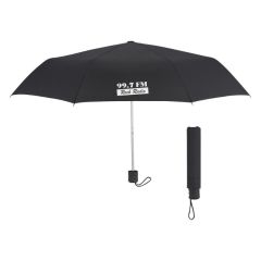 a black umbrella with a matching sleeve and an imprint saying 99.7 FM Rock Radio