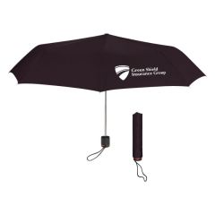 black mini umbrella with a matching sleeve, wrist strap, and an imprint saying Green Shield Insurance Group