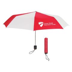 red and white mini umbrella with a wrist strap, matching sleeve, and an imprint saying Green Shield Insurance Group