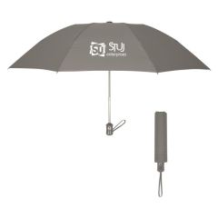 gray umbrella with a wrist strap, matching sleeve, and an imprint saying STUJ Enterprises