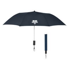 navy umbrella with a wrist strap and an imprint saying MegaCar 