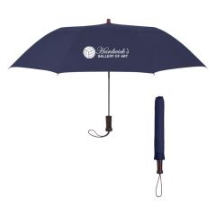 navy umbrella with a wooden handle, black wrist strap, and an imprint saying Hardwick's Gallery of art