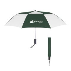 a white and green umbrella with a black wrist strap and an imprint saying Simmon Finance