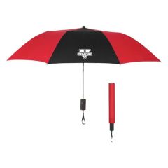 red and black umbrella with a wrist strap and an imprint saying Megacar