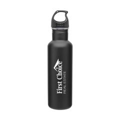 black stainless steel bottle with a black screwable cap and an imprint saying first choice real estate