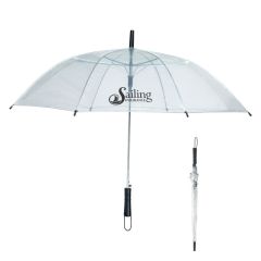a clear umbrella with a black handle and wrist strap and an imprint saying Sailing Insurance