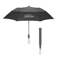 black umbrella with a gray top, gray wrist straps, and an imprint saying Count Baring Federal Credit Union