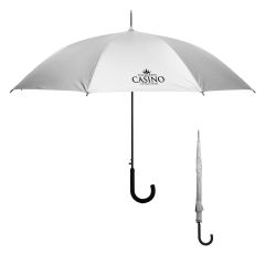 silver metallic umbrella with a black hook handle and an imprint saying The Jackpot Casino Las Vegas Nevada