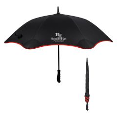 black umbrella with red trim and an imprint saying HamiltonHan Production