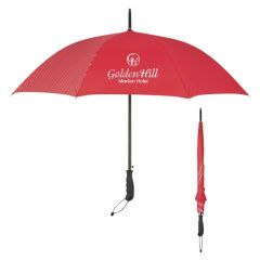 red umbrella with a stripe design, black wrist strap, and an imprint saying Golden Hill Marion Hotel