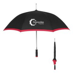 black umbrella with a red edge trim and an imprint saying Gonzales Properties