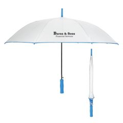 white umbrella with blue trim and an imprint saying Burns & Sons Financial Services