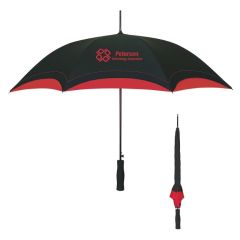 black umbrella with a red trim with an imprint saying Peterson Technology Associates