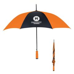 orange and black umbrella with an orange handle and an imprint saying McCarthy Sports Club