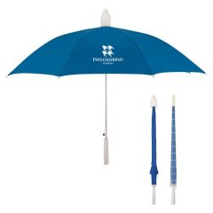 blue umbrella with a silver handle and a collapsible cover on top with an imprint saying Pavlosorino