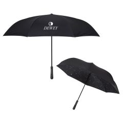 black umbrella with rain underside and an imprint saying Dewey