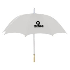 white umbrella with an imprint saying Purified Purely Natural Spring Water and a wooden handle