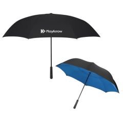 black umbrella with blue underside and an imprint saying PlayArrow