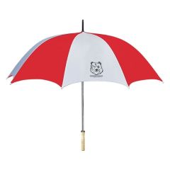 red/white umbrella with wood handle and an imprint saying grizz gear