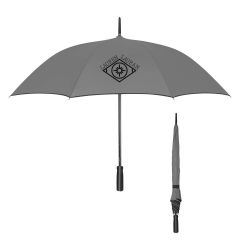 gray umbrella with a gray stripe on the handle and an imprint saying Lauren Lauran