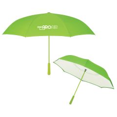 green umbrella with a white underside and an imprint saying AroAir and a green handle