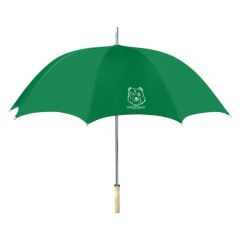 a green umbrella with an imprint saying grizz gear and a wood handle
