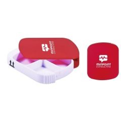 red and white pill case with an imprint saying Minpoint Consulting