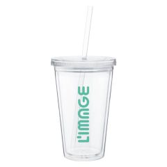 clear acrylic tumbler with straw and an imprint saying limage