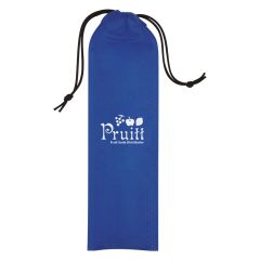 personalized blue carrying pouch with drawstring closure and an imprint saying pruitt fruit soda distributor