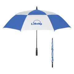 blue and white umbrella with a black handle and an imprint saying Liboup