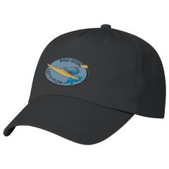 black 5 panel hat with an embroidered design of a kayaker with text saying pow-wow let it flow