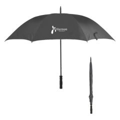 black umbrella with a black handle and an imprint saying Harmon