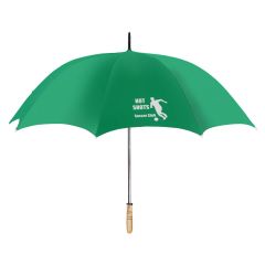 green umbrella with a wood handle and an imprint saying hot Shots Soccer club