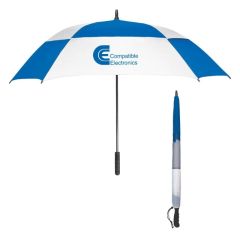 blue and white umbrella with a mesh case and an imprint saying Compatible Electronics