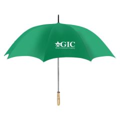green umbrella with a wooden handle and an imprint saying GIC Greece Investment Company