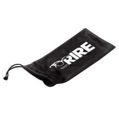 black carrying pouch with drawstring closure and an imprint saying glasses rire