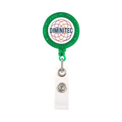 green reflective retractable badge holder and a full color imprint saying diminitec