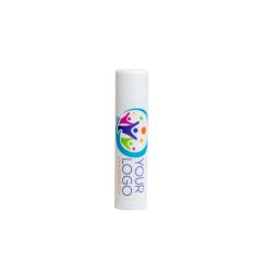 a lip balm with an imprint of three stick figures and text on the right saying your logo