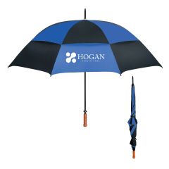 blue and black umbrella with a wood handle and an imprint saying Hogan Health Care