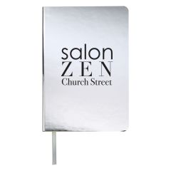 personalized silver metallic journal with an imprint saying salon zen church street